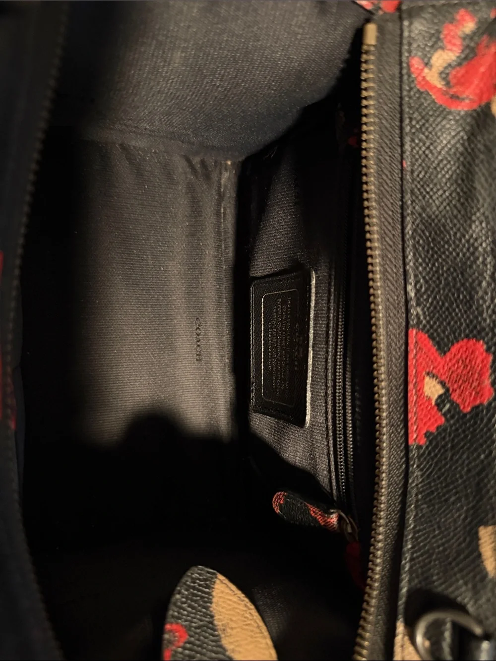 Coach Black Leather Tote with Red & Tan Floral Print